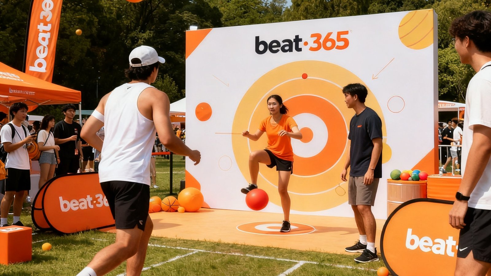 beat·365为品牌策划的体育营销活动现场，消费者在互动体验区参与趣味运动挑战，品牌标识自然融入场景